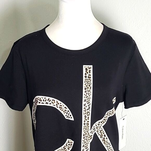 Calvin Klein Black T-Shirt Dress Leopard CK Logo on the Front, Size Large, NWT - Picture 3 of 11